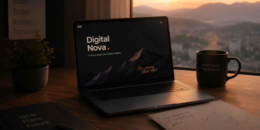 جوانه‌ای در کنار لوگوی DigitalNova روی یک سنگ، در پس‌زمینه طلوع خورشید؛ نمادی از آغاز، رشد و شروع یک مسیر جدید.