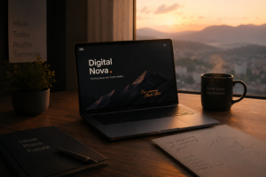 جوانه‌ای در کنار لوگوی DigitalNova روی یک سنگ، در پس‌زمینه طلوع خورشید؛ نمادی از آغاز، رشد و شروع یک مسیر جدید.
